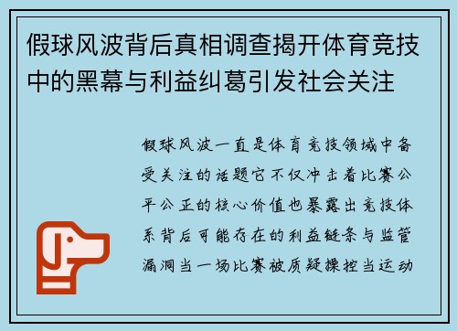 假球风波背后真相调查揭开体育竞技中的黑幕与利益纠葛引发社会关注 假球风波背后真相调查揭开体育竞技中的黑幕与利益纠葛引发社会关注